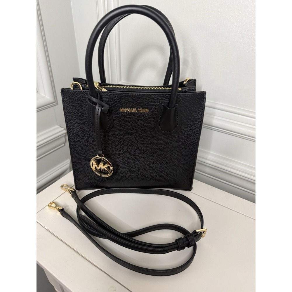 Michael Kors Pebbled Satchel Black with Logo, Detachable Strap, Gold Hardware